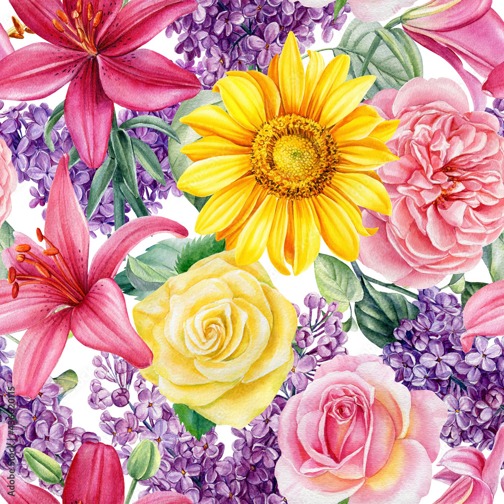 Seamless pattern. Sunflowers, lilies, lilac and roses flowers. Watercolor illustration Hand-drawn 