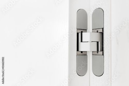 Close-up photo of new modern minimalistic door with hidden gray hinge.