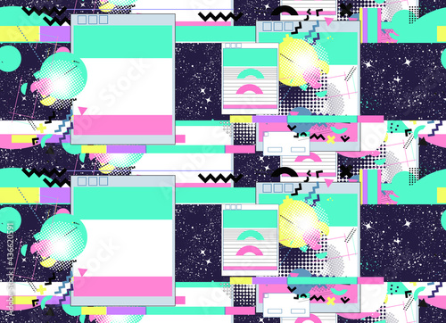 Vaporwave music seamless pattern. Glitch in universe. 80s and 90s internet pop culture style. Contemporary cyberpunk background. Surreal retrofuturistic vector illustration
