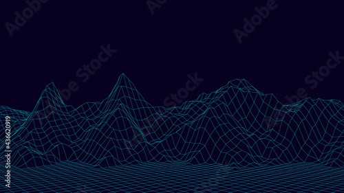 Abstract wireframe landscape, digital background. 3d vector technology grid. Vector illustration.
