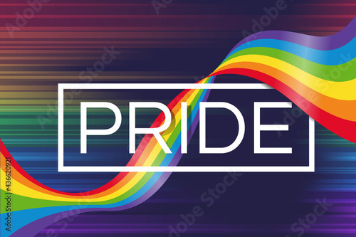 Rainbow flag wave around PRIDE text word in white frame on abstract rainbow light background vector Design