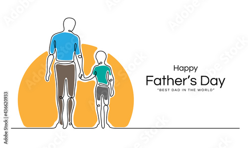 Happy father's day - Abstract line drawing father holding son' s hand looking at the sun vector design