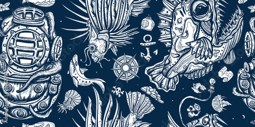 Deep water diving. Scuba diver helmet. Sea monsters. Angler fish, lionfish, jellyfish. Diving background. Underwater world seamless pattern. Life of ocean background. Old school tattoo style