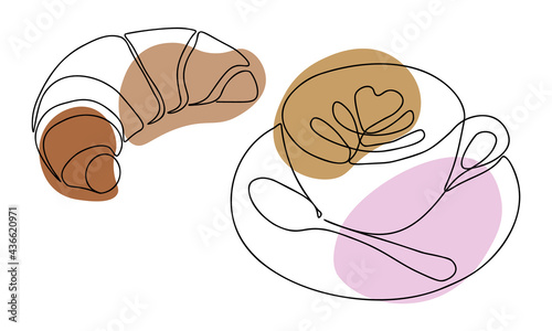 Continuous one line drawing with cup of coffee and croissant. Contemporary vector illustration on white background. Black line art on white background with colorful spots.