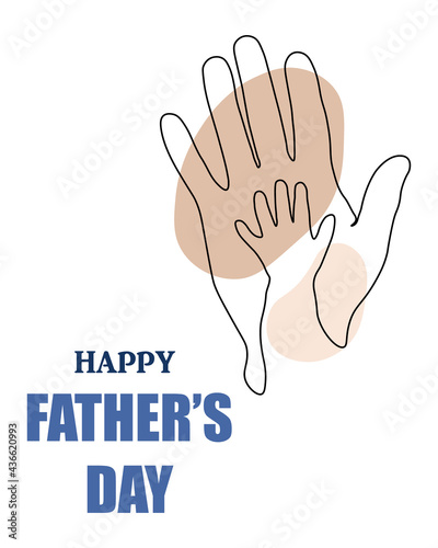 Happy father's Day! Continuous one line drawing of hand of father and child. Contemporary vector illustration on white background. Black line art on white background with colorful spots.