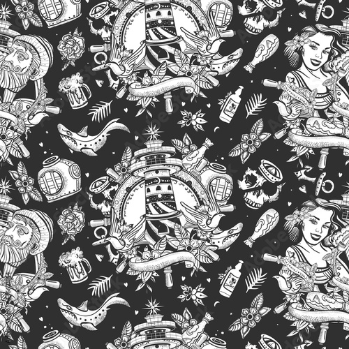 Old captain, lighthouse and sailor girl pin up style. Nautical art. Sea adventure seamless pattern. Old school tattoo background