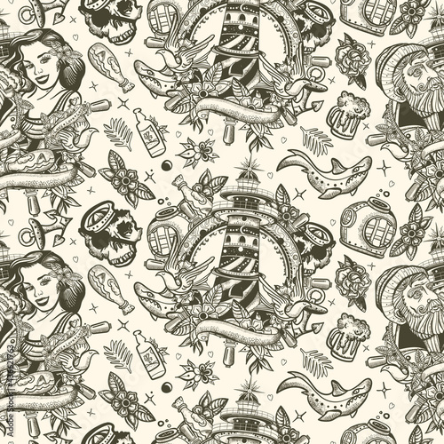Sea adventure seamless pattern. Old school tattoo background. Old captain, lighthouse and sailor girl pin up style