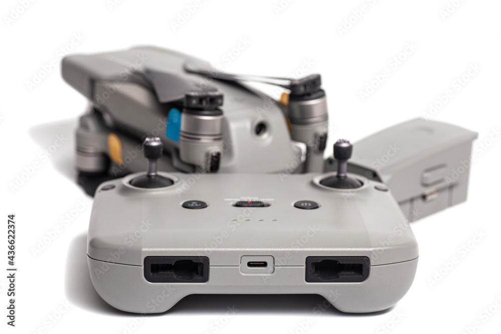 remote control for from quadcopter drone aerial camera with smartphone isolated on white background remote control for from quadcopter drone aerial camera with smartphone isolated on white background
