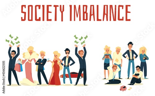 Vector poster with poor and rich people, concept of imbalance in society.
