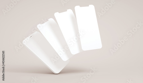 Mobile phone mockup and slides floating in 3D rendering. App interface, ux ui, and web design presentation concept