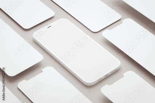 Phone screen mockup and various slides floating in 3D rendering. App interface, ux ui, and web design template concept
