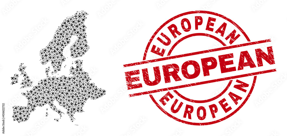 European textured seal stamp, and European Union map collage of aviation items. Collage European Union map constructed of aviation items. Red badge with European word, and corroded rubber texture. European textured seal stamp, and European Union map collage of aviation items. Collage European Union map constructed of aviation items. Red badge with European word, and corroded rubber texture.