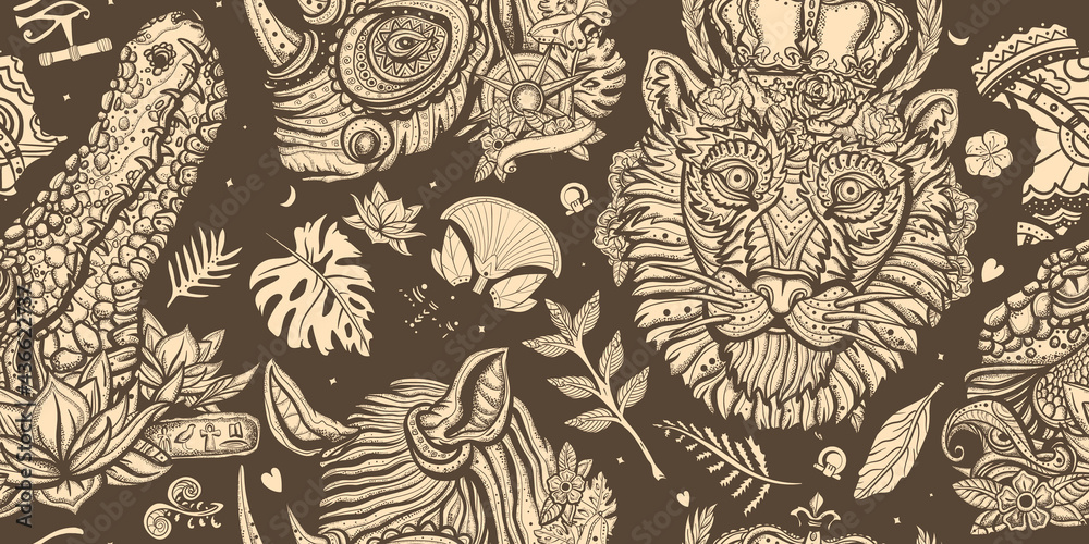 Safari in Africa. Seamless pattern. Royal lion, evil crocodile and romantic rhino. African wild animals portrait. Old school tattoo vector background. Traditional tattooing style. Zoo background Safari in Africa. Seamless pattern. Royal lion, evil crocodile and romantic rhino. African wild animals portrait. Old school tattoo vector background. Traditional tattooing style. Zoo background