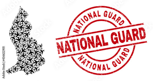 National Guard rubber seal stamp, and Liechtenstein map mosaic of aeroplane items. Mosaic Liechtenstein map created with jet vehicles. Red seal with National Guard tag, and scratched rubber texture.
