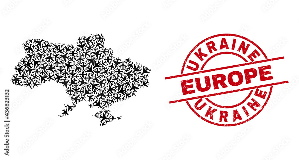 Ukraine Europe rubber stamp, and Ukraine map collage of aviation items. Mosaic Ukraine map constructed of aviation items. Red imprint with Ukraine Europe text, and unclean rubber texture. Ukraine Europe rubber stamp, and Ukraine map collage of aviation items. Mosaic Ukraine map constructed of aviation items. Red imprint with Ukraine Europe text, and unclean rubber texture.