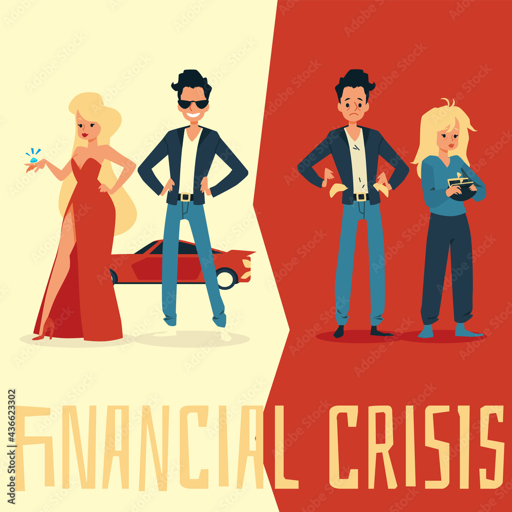 Social gap in result of financial crisis banner, flat vector illustration.