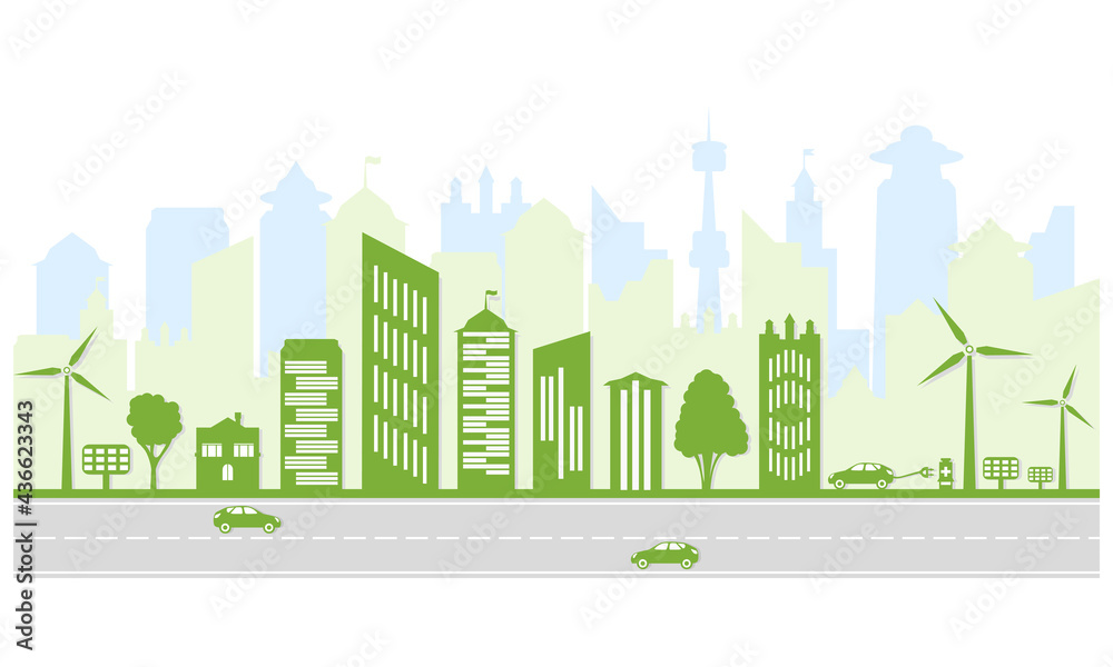 Ecological city and environment conservation. Green city silhouette with trees, wind energy and solar panels. Electric vehicles and charging station.
