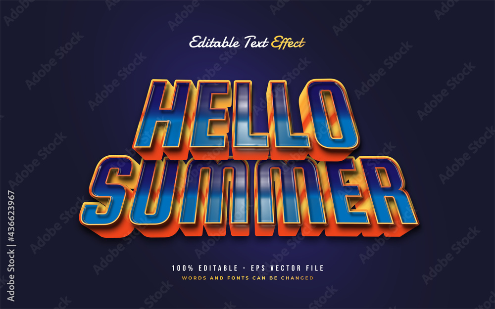 Hello Summer Text in Blue and Orange with 3d Embossed Effect. Editable Text Style Effect