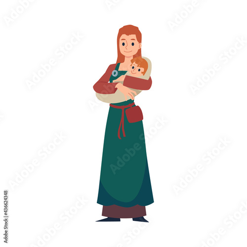 Medieval viking woman character holding baby flat vector illustration isolated.