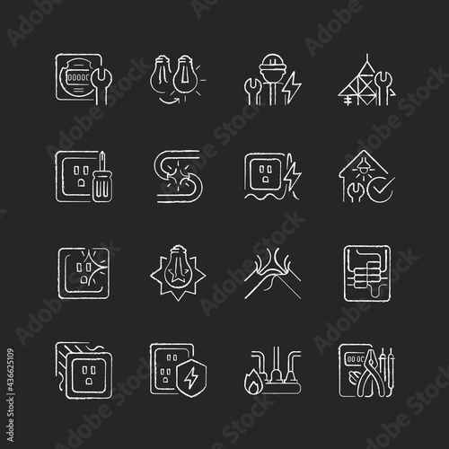 Electrician service chalk white icons set on dark background. Changing lightbulb. Operating with electric devices, equipment. Appliance damage. Isolated vector chalkboard illustrations on black