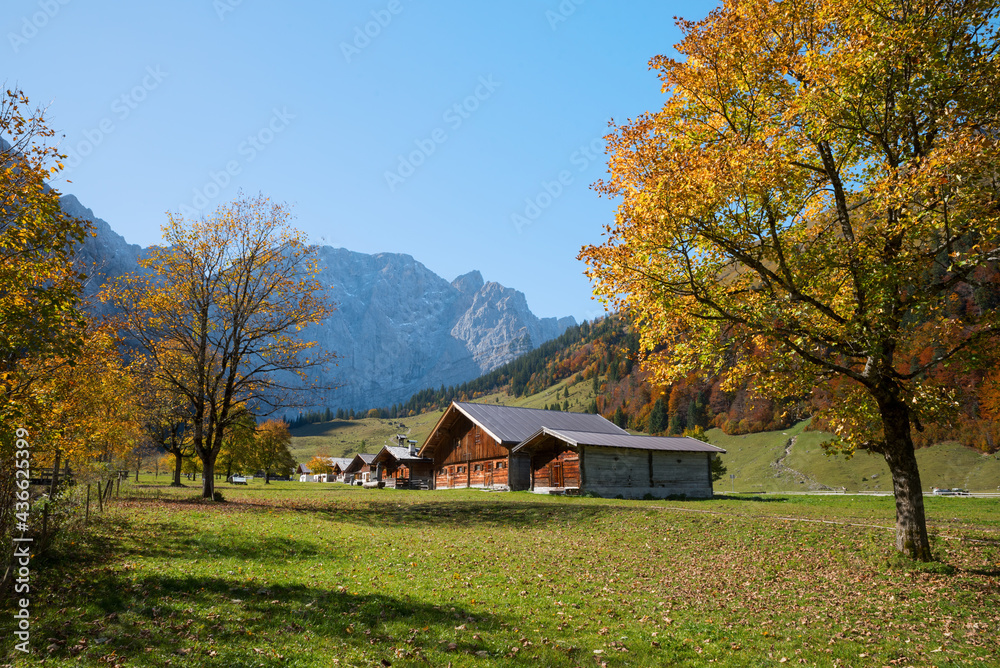 alpine huts at Eng Alm, karwendel alps. famous tourist destination in october. austrian landscape