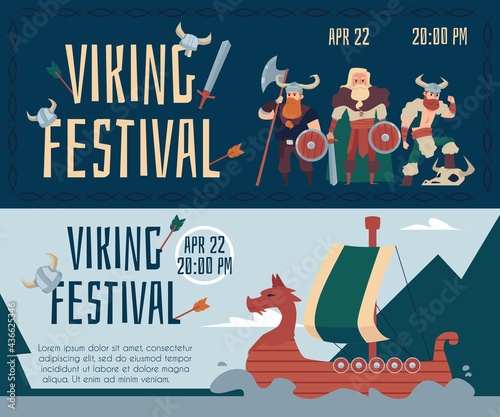 Set horizontal banners for Viking festival carnival, flat vector illustration.