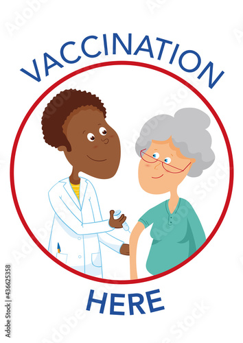 Vaccination center sign. Covid-19, coronavirus elderly woman got a vaccine from a doctor. Vector illustration, text in layers