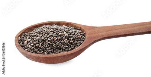 Wooden spoon with chia seeds on white background
