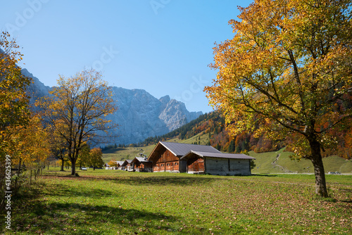 alpine huts at Eng Alm, karwendel alps. famous tourist destination in october. austrian landscape
