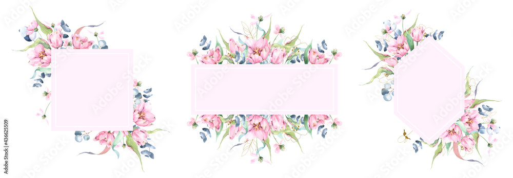 Pink frames collection with spring watercolor florals, tulips, spring flowers, eucalyptus branches, square floral template, floral border, diamond composition with  delicate pink flowers