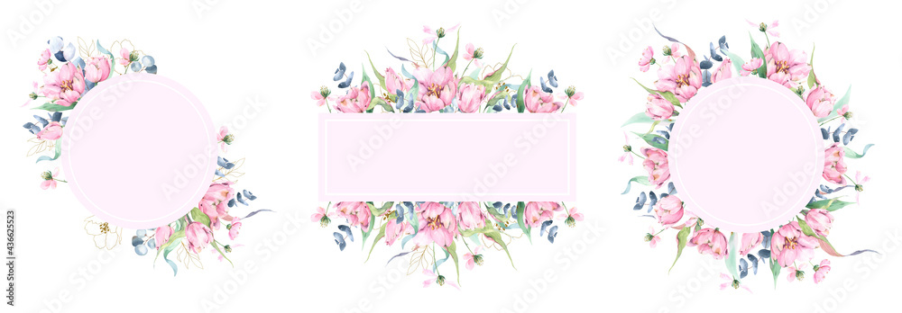 Pink watercolor frames with hand painted flowers compositions, pink delicate tulips, curvy branches and leaves, greenery, foliage, green, grey and blue, round floral frames, flower border, Pink watercolor frames with hand painted flowers compositions, pink delicate tulips, curvy branches and leaves, greenery, foliage, green, grey and blue, round floral frames, flower border,