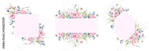 Pink frames collection with spring watercolor florals, tulips, spring flowers, eucalyptus branches, square floral template, floral border, diamond composition with  delicate pink flowers © Tatiana