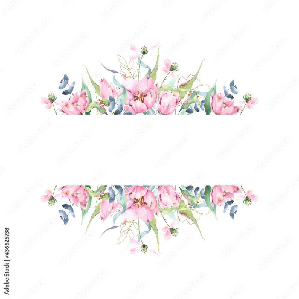 Floral border frame with hand painted watercolor flowers, watercolor
