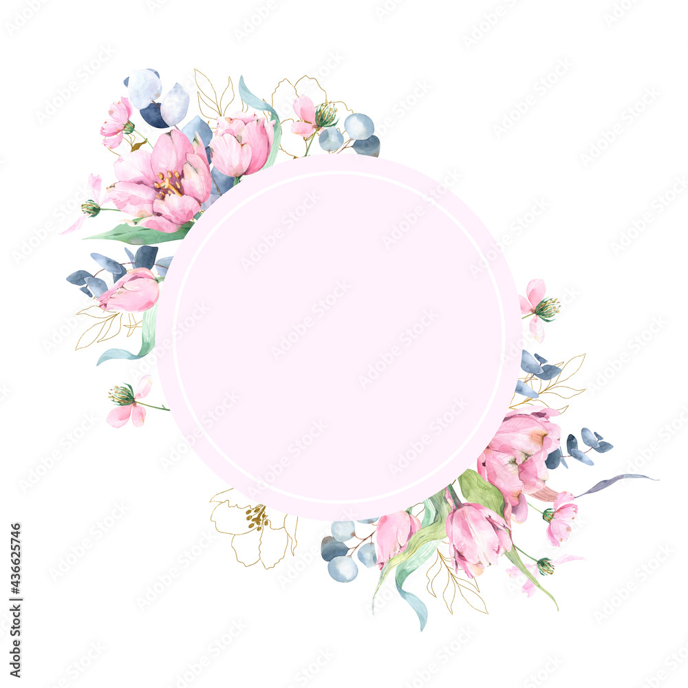 Pink round frame with watercolor flowers arrangements, botanical frame, pink frame, florals, tulips, feminine, cute, spring flowers, botanical watercolor clipart, round watercolor frame, round, flower