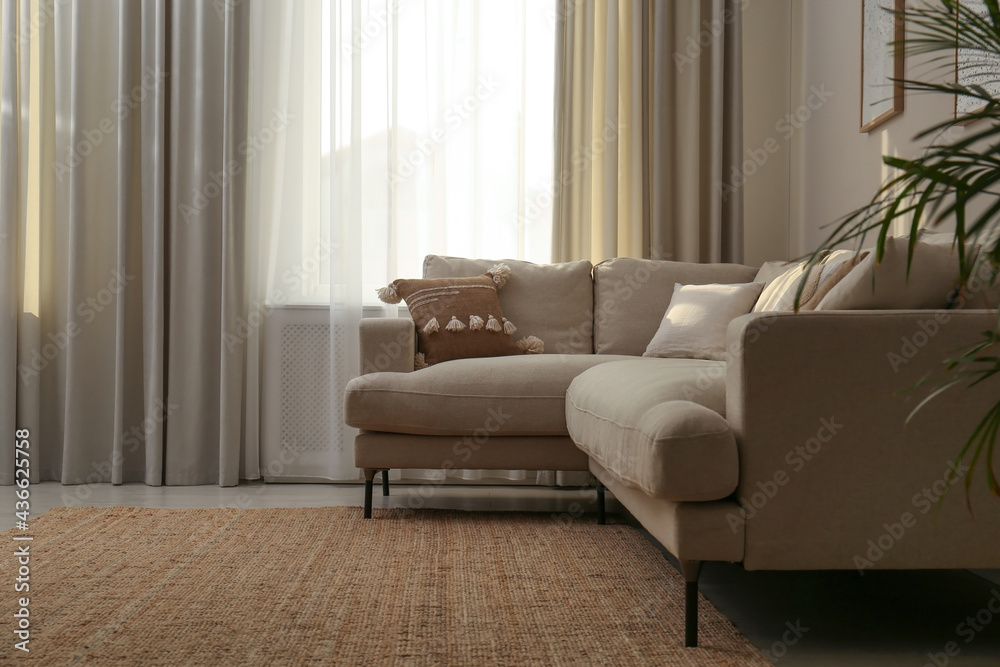 Modern comfortable sofa near window in stylish living room. Interior design Modern comfortable sofa near window in stylish living room. Interior design