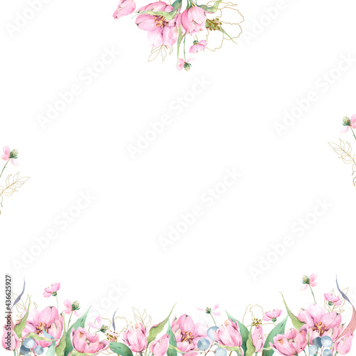 Spring watercolor square floral arrangement, greeting card, invitation template, botanical illustration, hand painted tulips, eucalyptus, green and blue branches, spring florals
