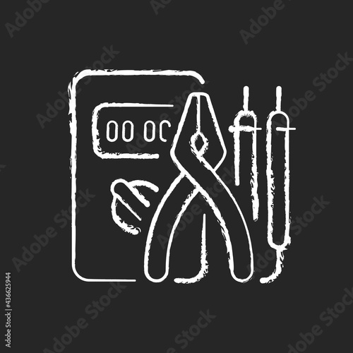 Electrician tools chalk white icon on dark background. Test instruments. Ensuring optimal safety. Screwdrivers, pliers. Electrical engineering field. Isolated vector chalkboard illustration on black