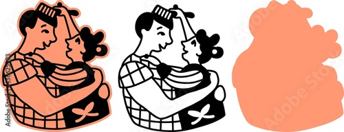 Dad is playing with the baby. My daughter makes hairstyles for her dad. A fun joint game of dad and baby. Illustration in black and white, on an isolated background, for cutting on a plotter for
