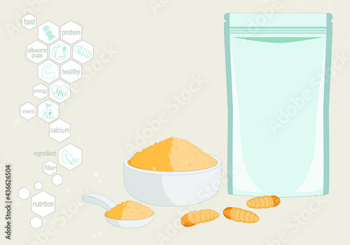 Silkworm Pupa powder insects for eating as food edible processed made of cooked insect in packaging pouch bag and symbol media icons, it is good source of protein for future and entomophagy concept.