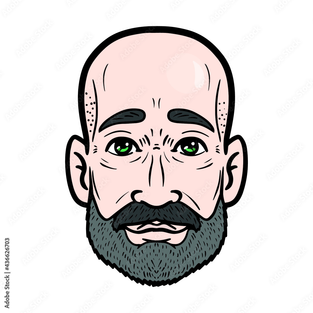 man with a full beard and bald head. head, avatar, comic. man with a full beard and bald head. head, avatar, comic.