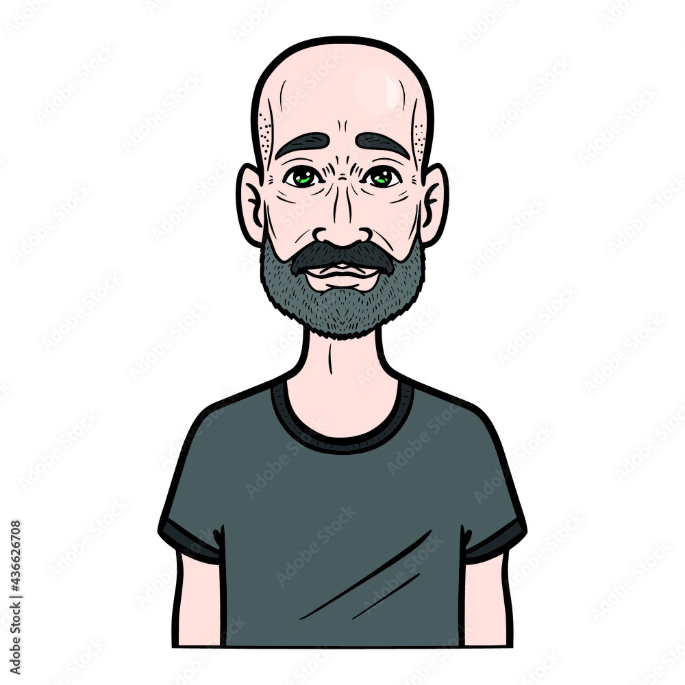 bald man with a full beard in gray t shirt. comic, isolated, vector. bald man with a full beard in gray t shirt. comic, isolated, vector.