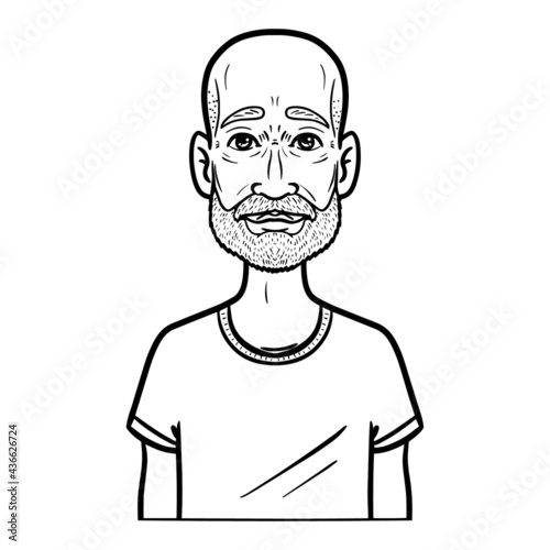 monochrome comic avatar of a bald man with a beard. upper body, vector, isolated.