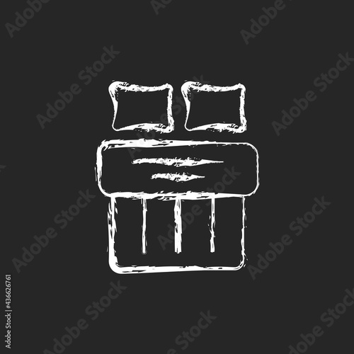 Double bed set chalk white icon on dark background. Hotel room for night rest. King size linen bedding. Textile products, house cloths. Sleep hygiene. Isolated vector chalkboard illustration on black