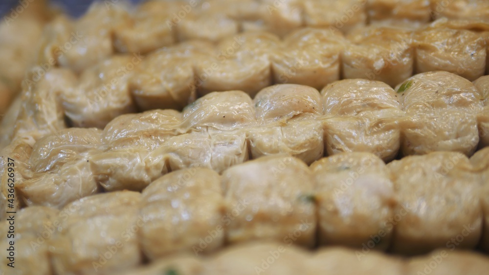 Selective focused uncooked crab meat rolls in market. Selective focused uncooked crab meat rolls in market.