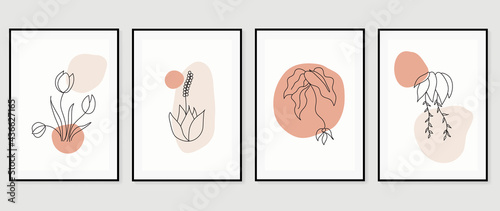 Minimal abstract art background vector. Wall art design for home decoration. Home plant , cactus , flower, botanical doodle hand drawn design for cover, banner, invitation, prints, poster, wallpaper.