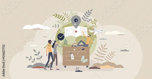 Sustainable tourism with ecological responsible travel tiny person concept. Environmental friendly transportation choice for holidays and vacation vector illustration. Eco journey and ecotourism scene photo