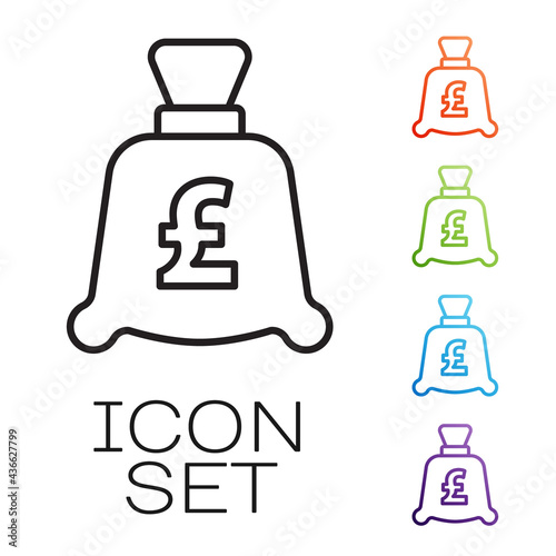 Black line Coin money with pound sterling symbol icon isolated on white background. Banking currency sign. Cash symbol. Set icons colorful. Vector