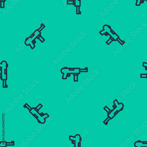Blue line Submachine gun M3, Grease gun icon isolated seamless pattern on green background. Vector