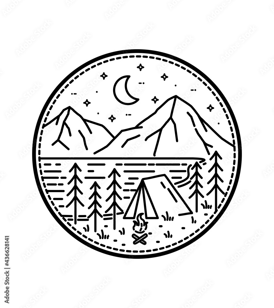 camping by the lake against the backdrop of the mountains in mono line art ,badge patch pin graphic illustration, vector art t-shirt design camping by the lake against the backdrop of the mountains in mono line art ,badge patch pin graphic illustration, vector art t-shirt design