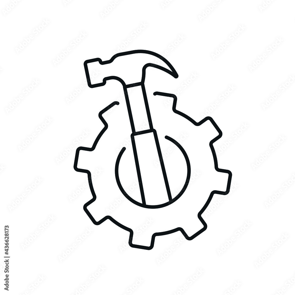 Gear and hammer linear icon. Building tools. Thin line customizable illustration. Contour symbol. Vector isolated outline drawing. Editable stroke Gear and hammer linear icon. Building tools. Thin line customizable illustration. Contour symbol. Vector isolated outline drawing. Editable stroke
